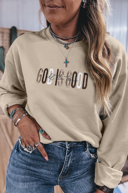 God Is Good Embroidered Drop Shoulder Crewneck Sweatshirt