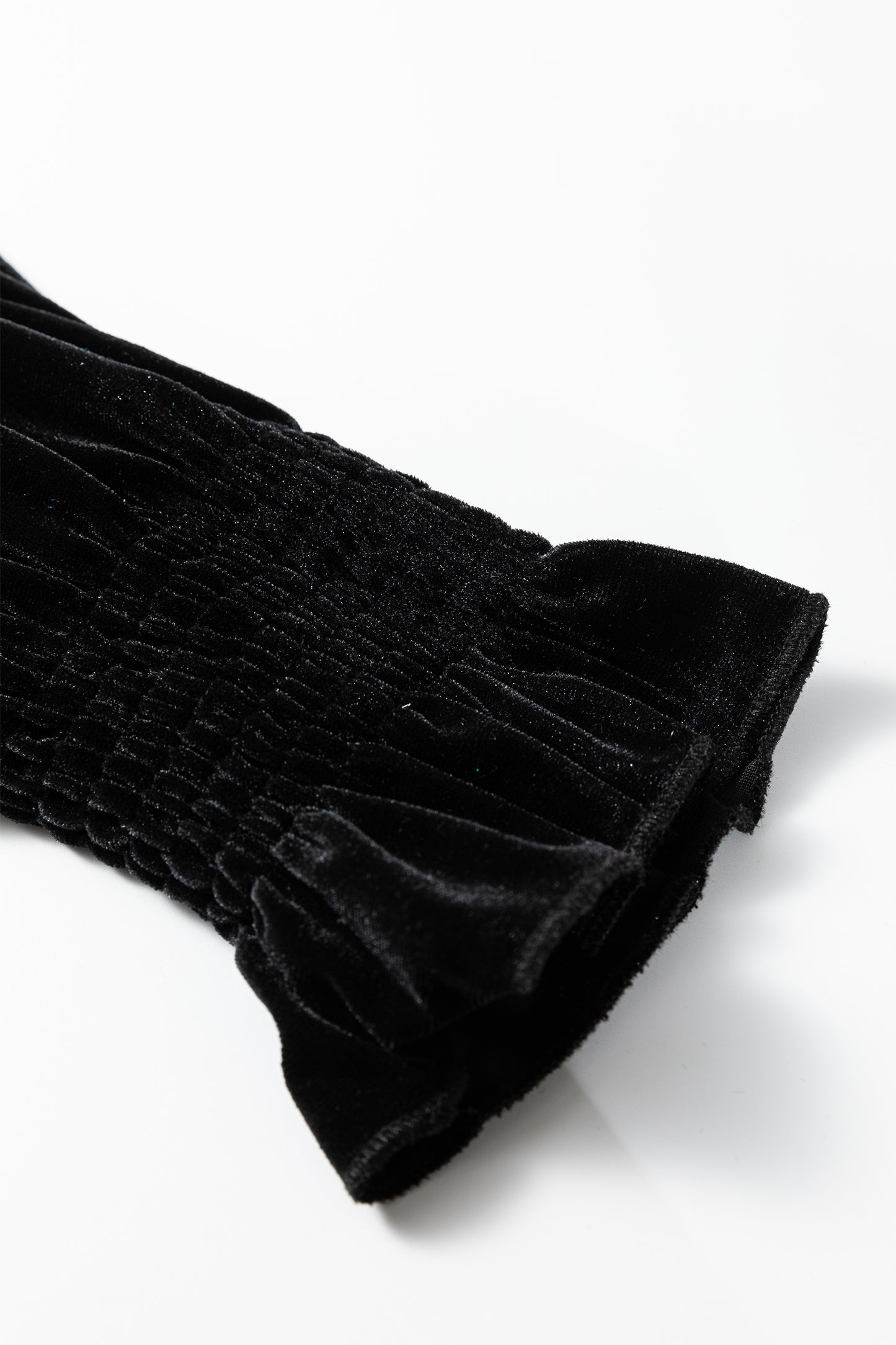 Solid Velvet Frilled Collar Smocked Puff Sleeve Blouse