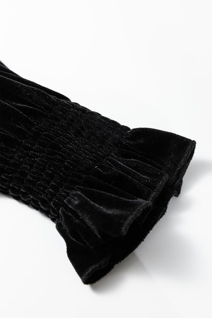 Solid Velvet Frilled Collar Smocked Puff Sleeve Blouse