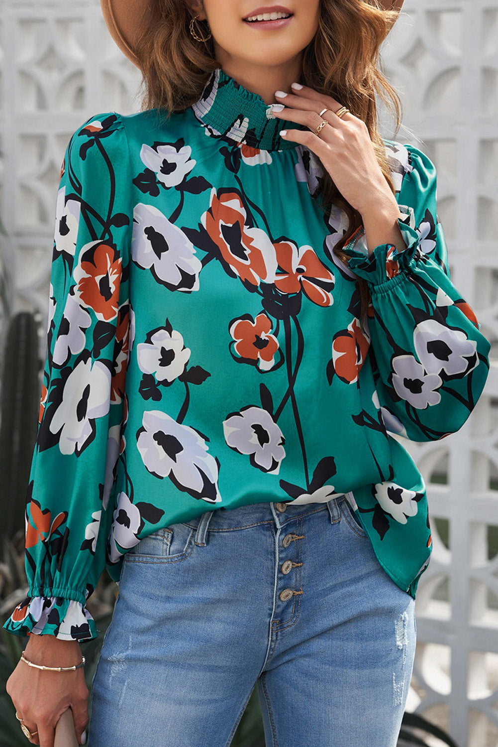 Floral Smocked Mock Neck Blouse