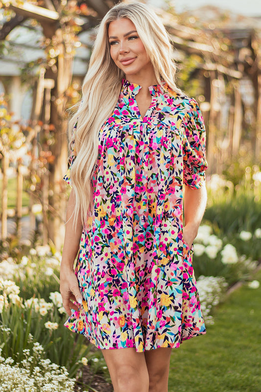 Floral V-Neck Puff Sleeve Mini Dress