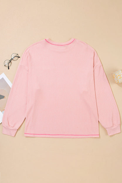 Plus Size Solid Ribbed Reverse Seam Chest Pocket Top