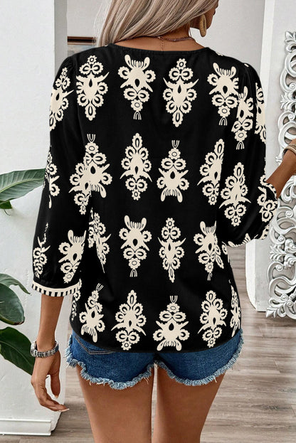 Geometric 3/4 Sleeve V-Neck Blouse