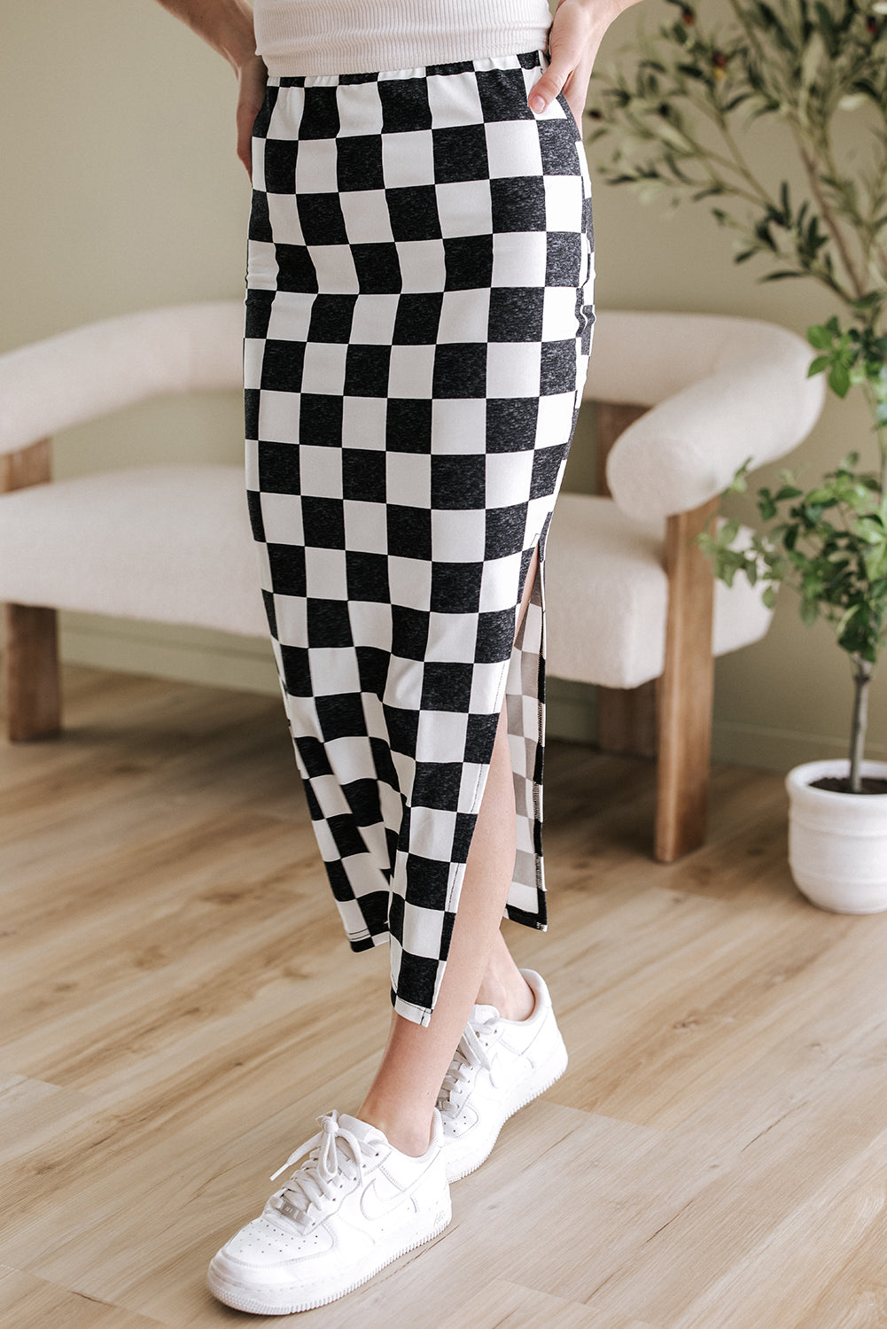 Checker Side Slit High Waist Midi Skirt