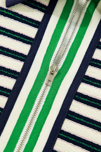 Stripe Contrast Trim Collared Zip Long Sleeve Top