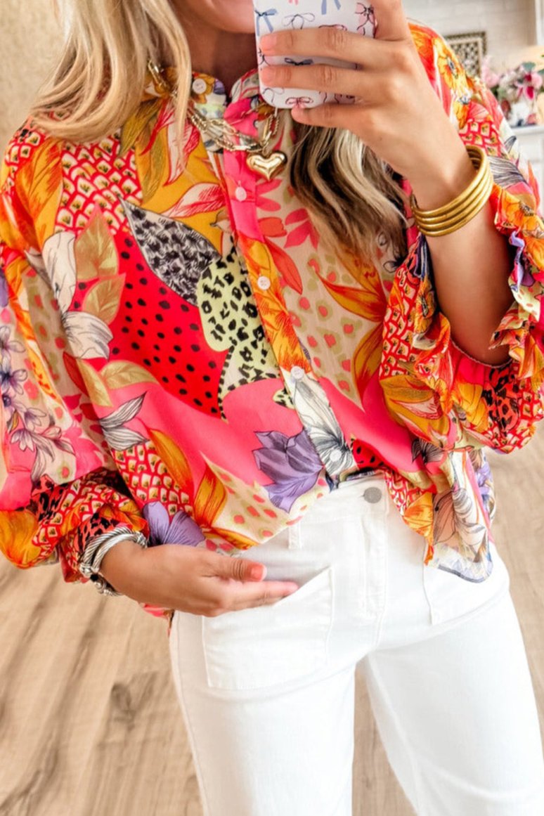 Abstract Floral Bubble Sleeve Shirt