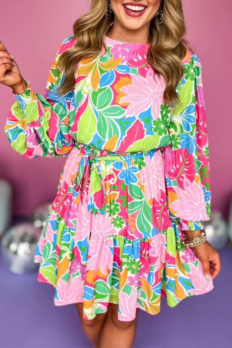 Floral Bubble Sleeve Mini Dress