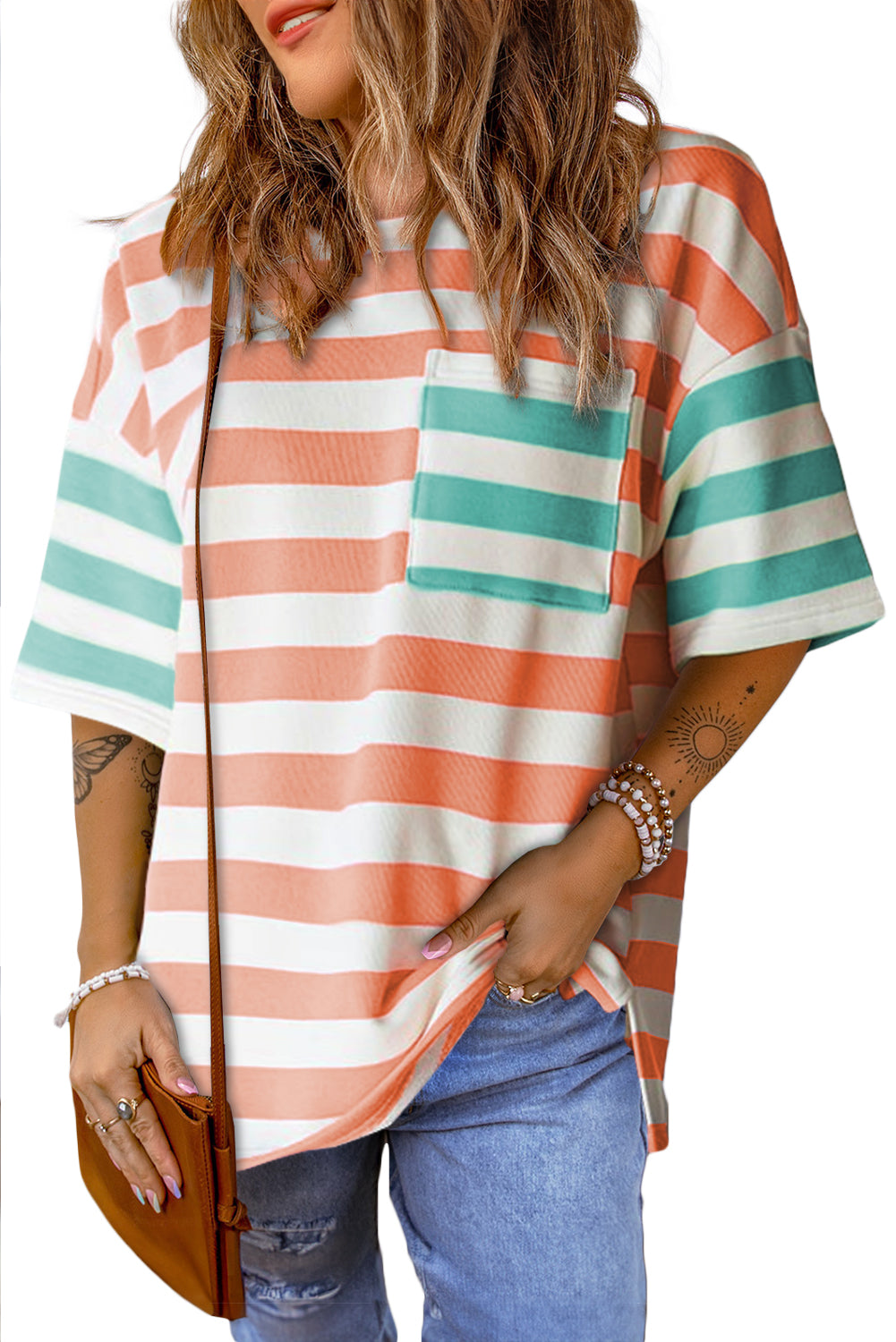 Stripe Contrast Drop Sleeve T-Shirt