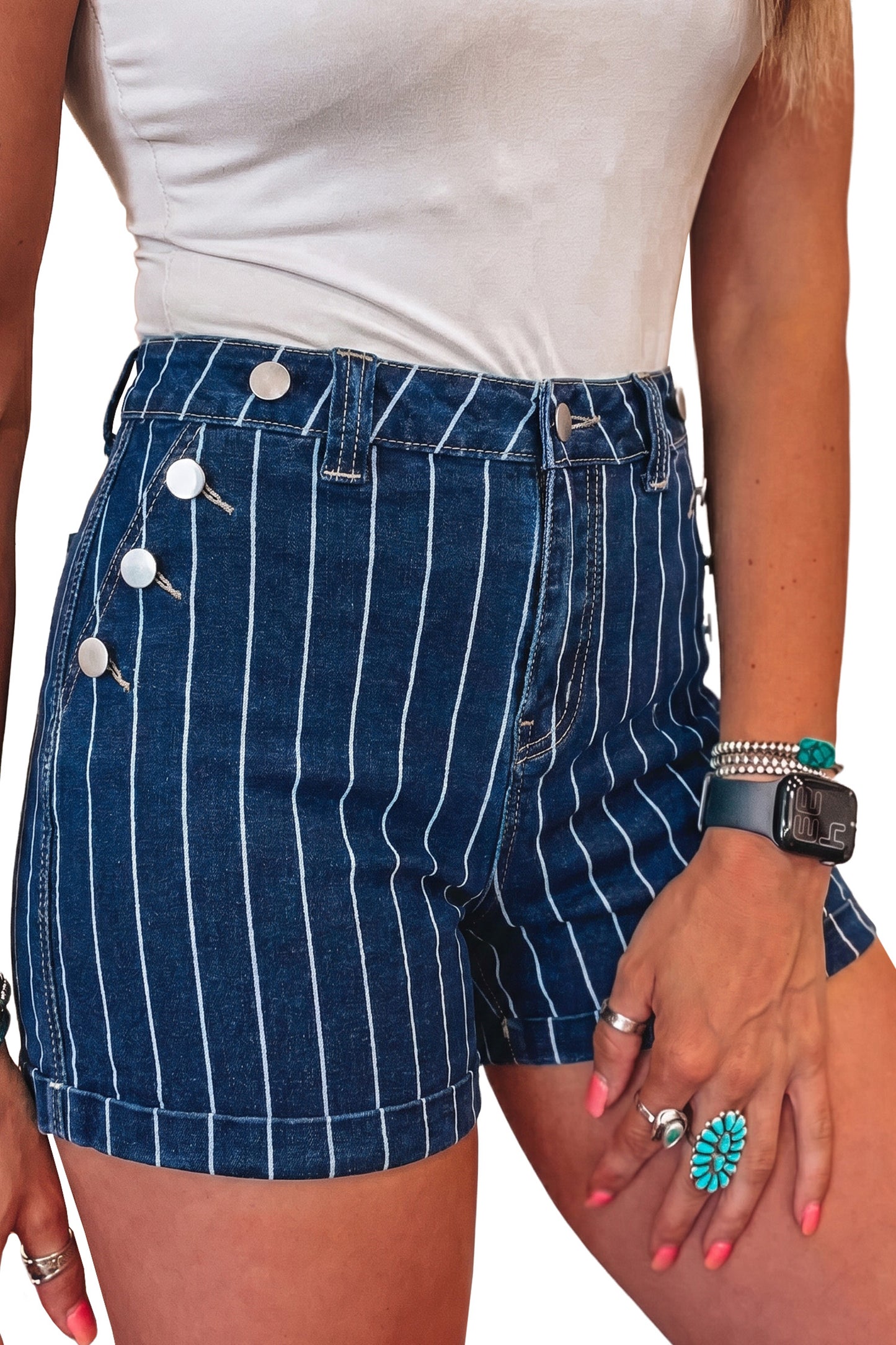Denim Stripe Metal Button Detail Shorts