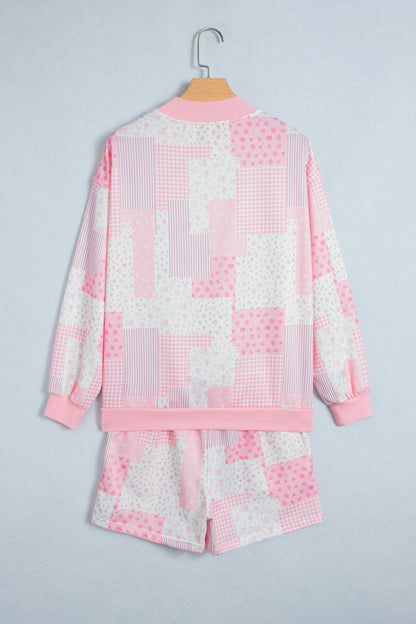 Floral Patchwork Sweatshirt & Drawstring Shorts Set