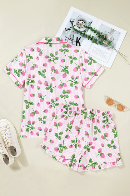 Stripe Strawberry Lapel Shirt & Drawstring Shorts Set