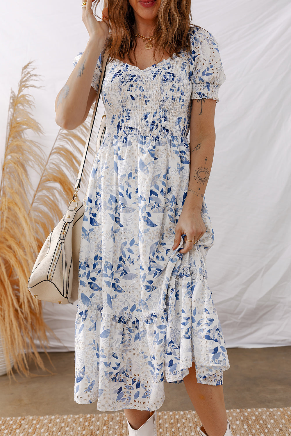 Floral Smocked Puff Sleeve Tiered Midi Dress
