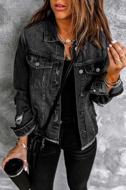 Denim Distressed Raw Hem Jacket