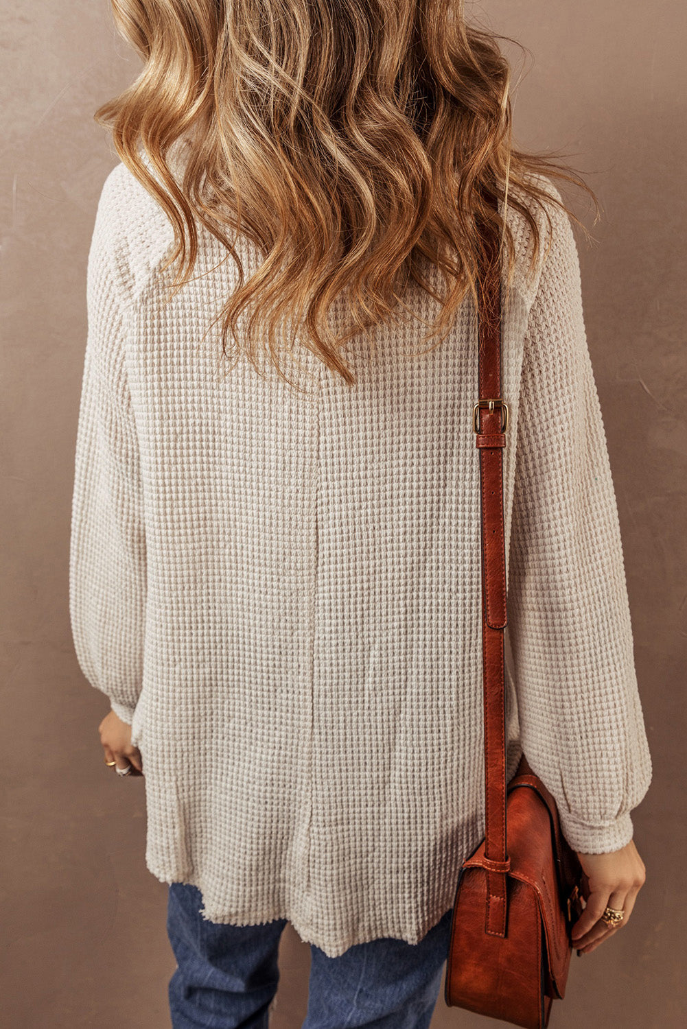 Waffle Raglan Sleeve Henley Blouse