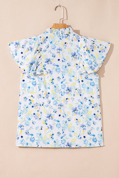 Floral Frill Notch V-Neck Blouse