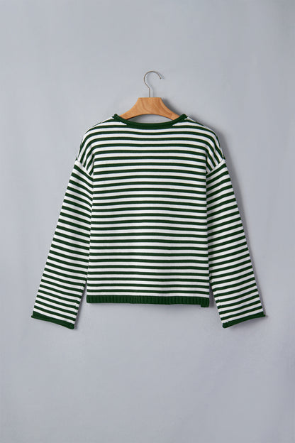 Stripe Button Placket Drop Shoulder Long Sleeve Sweater