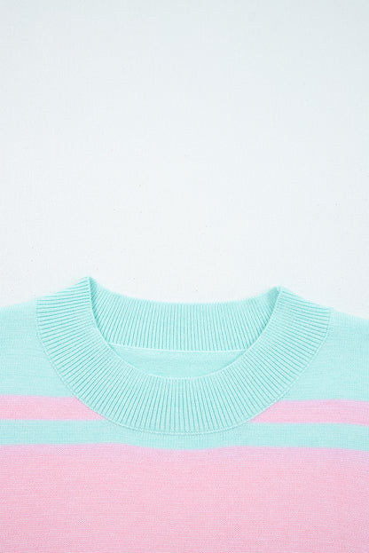 Stripe Ribbed Trim Crewneck Cropped Sweater