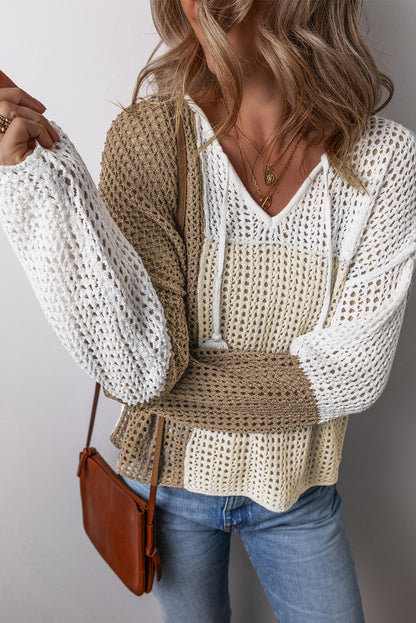 Colorblock Hollowed Knit V-Neck Sweater