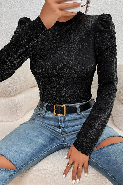 Metallic Puff Sleeve Knit Top