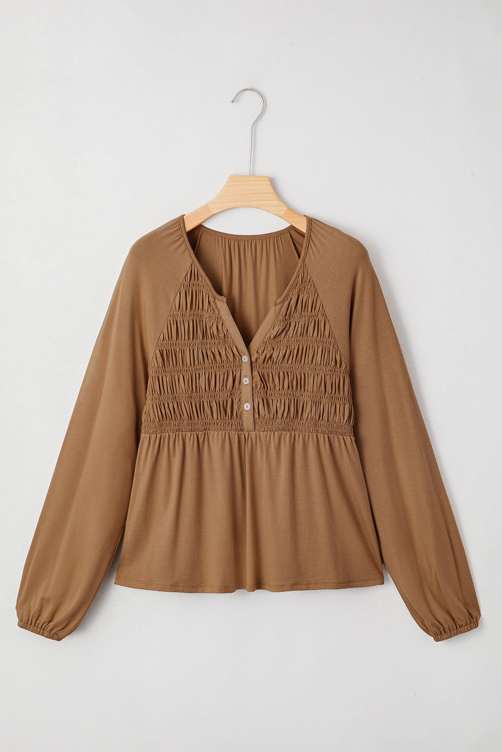 Solid Smocked Split V-Neck Buttoned Blouse