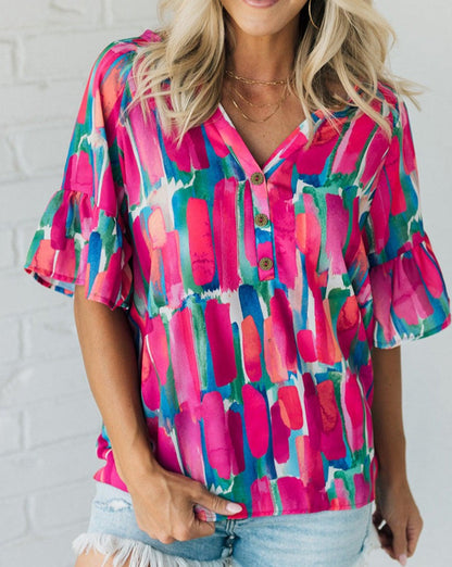 Abstract Brushwork V-Neck Blouse