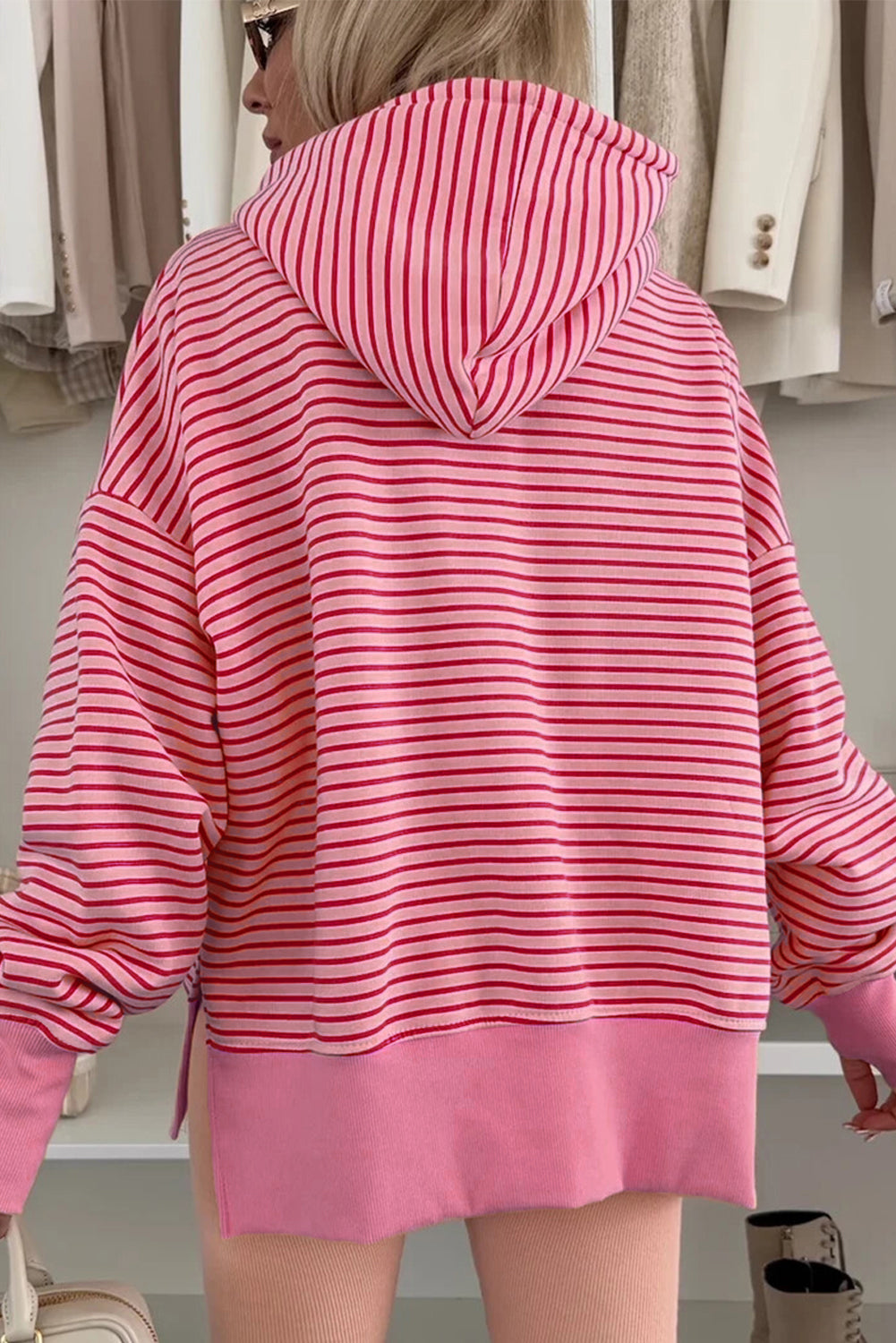 Stripe Thumbhole Drop Shoulder Sleeve Hoodie