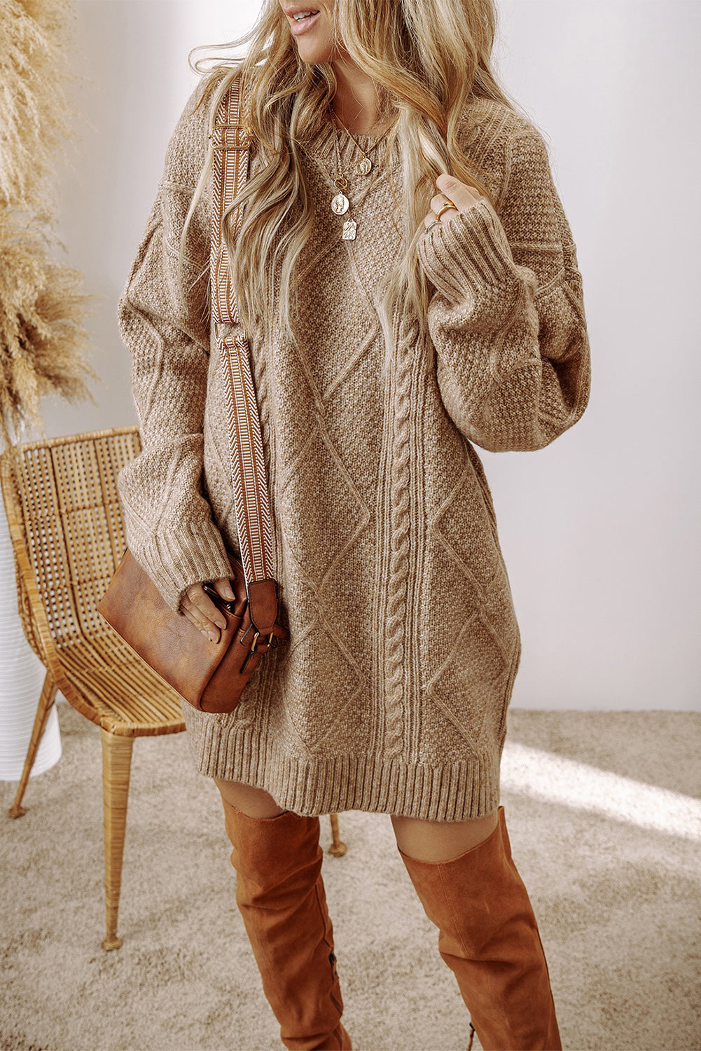 Cable Knit Drop Shoulder Sweater Dress