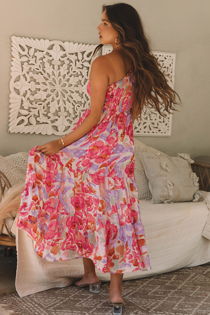 Abstract Floral One-Shoulder Shirred Maxi Dress