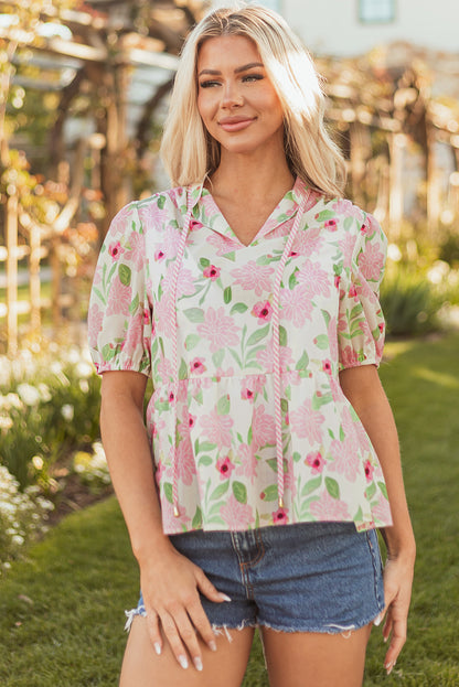 Floral V-Neck Puff Sleeve Peplum Blouse