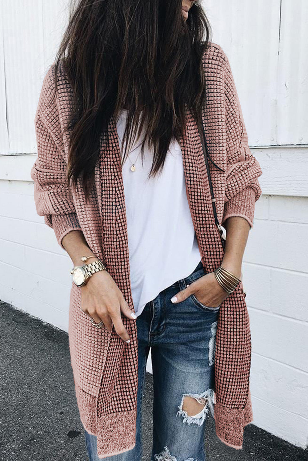 Plaid Knit Open Front Cardigan