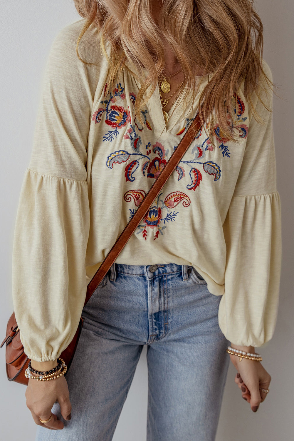 Floral Paisley Embroidered V-Neck Blouse