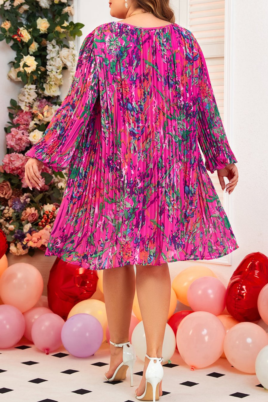 Plus Size Abstract Floral Pleated Dress