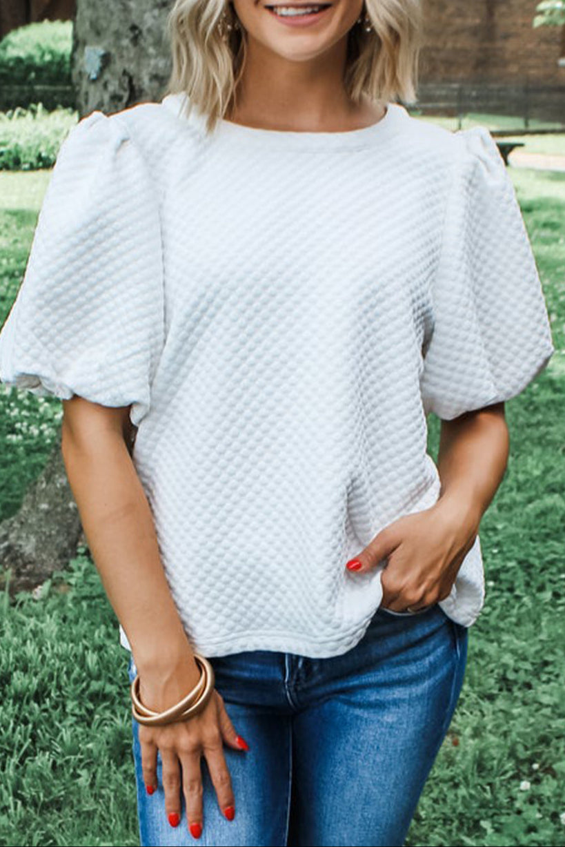 Solid Textured Puff Sleeve Blouse