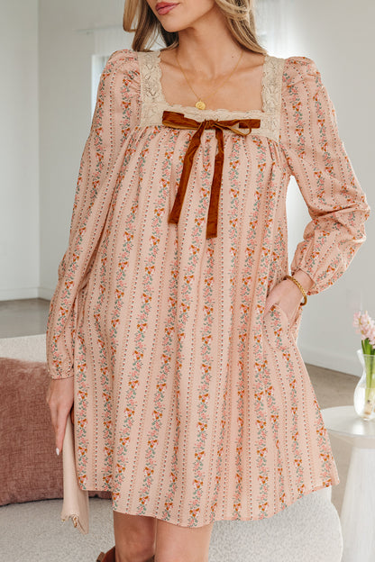 Floral Lace Square Neck Velvet Bow Tie Mini Dress