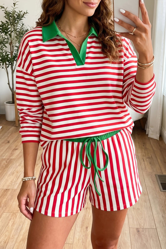 Stripe Colorblock Long Sleeve Collar Top & Shorts Set