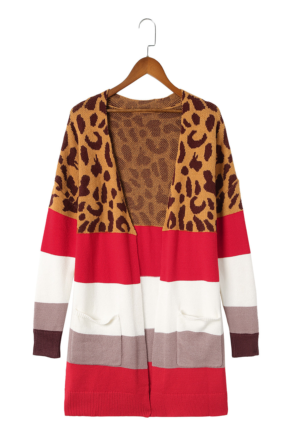 Leopard Colorblock Pocketed Long Cardigan