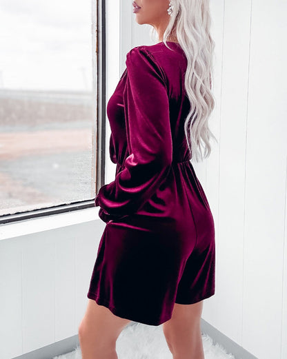 Velvet Ruffle Long Sleeve Romper