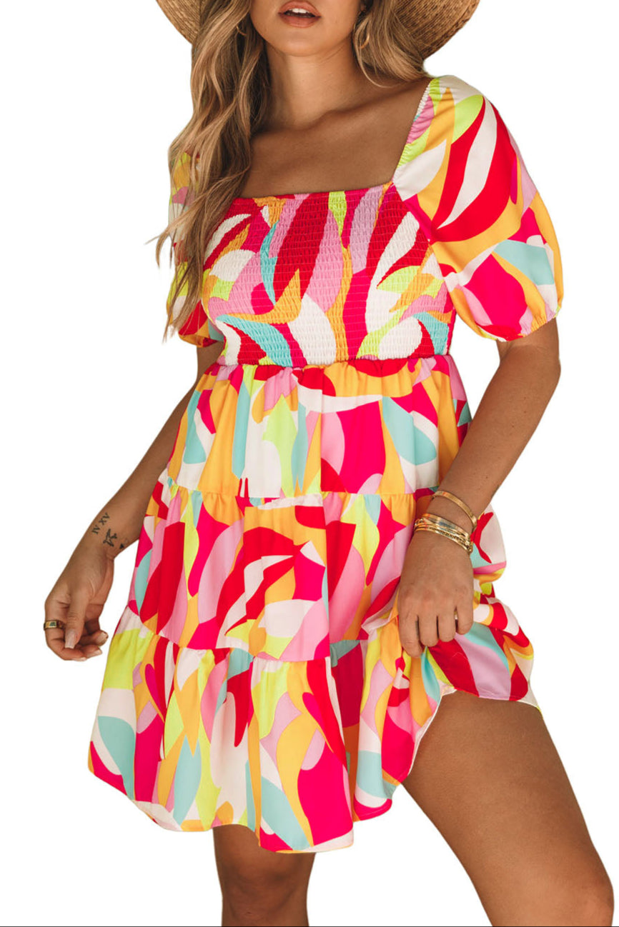 Geometric Smocked Ruffle Mini Dress