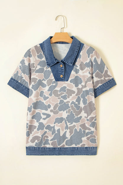 Camo Denim Patchwork Polo Collar Tee