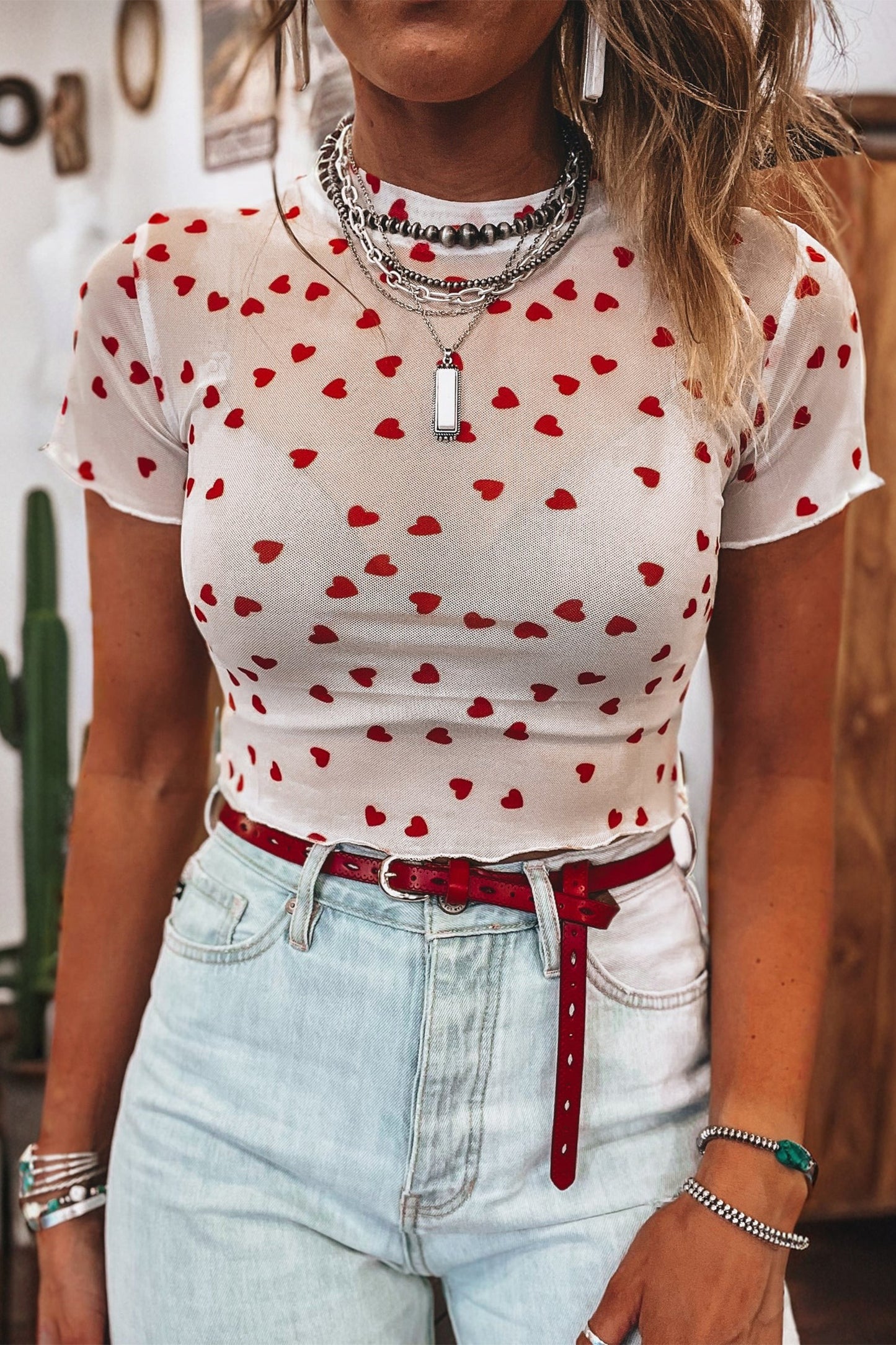 Valentine Heart Mesh Short Sleeve Top