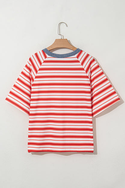 Stripe Contrast Collar Raglan Sleeve T-Shirt