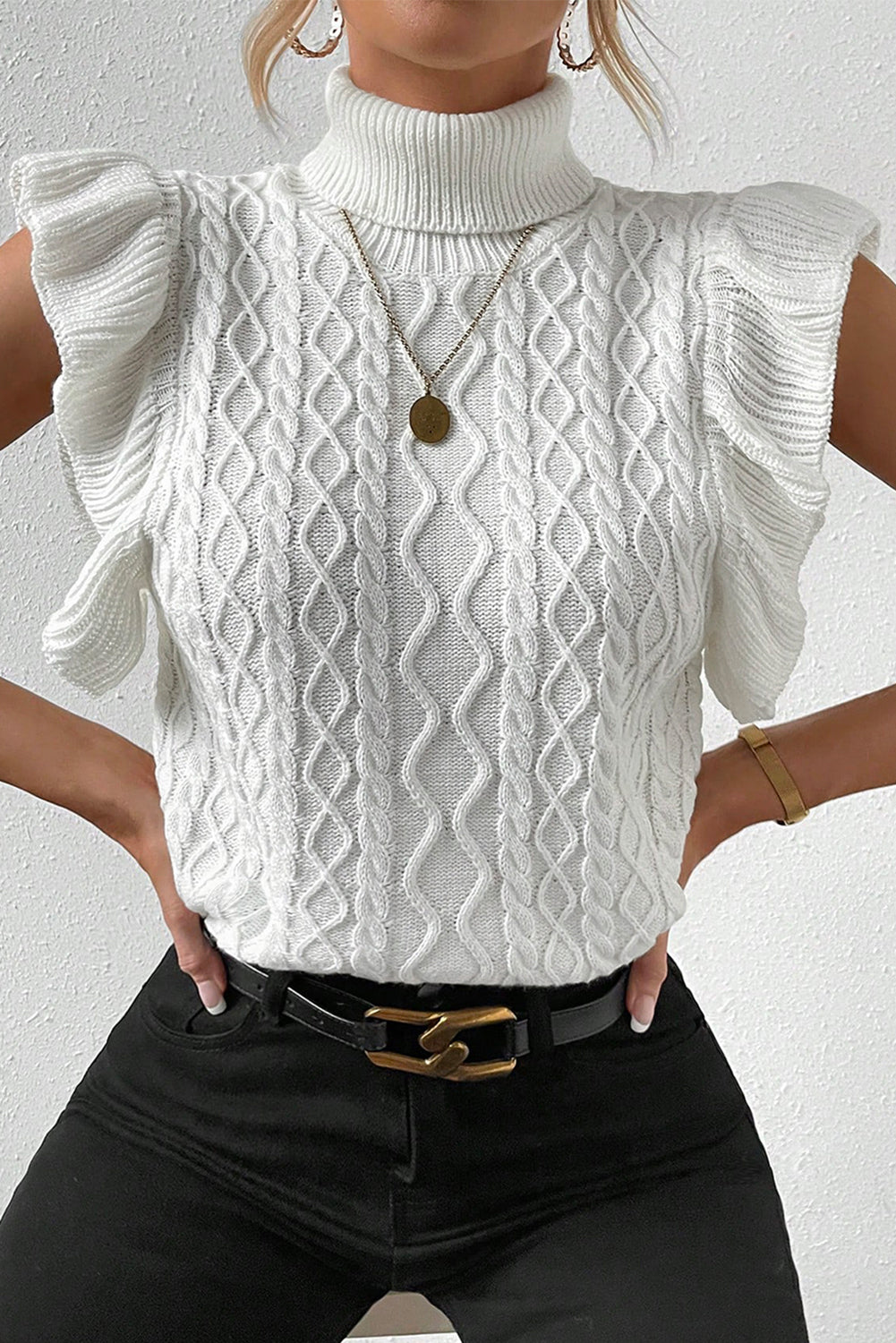 Cable Flutter Sleeve Turtleneck Sweater