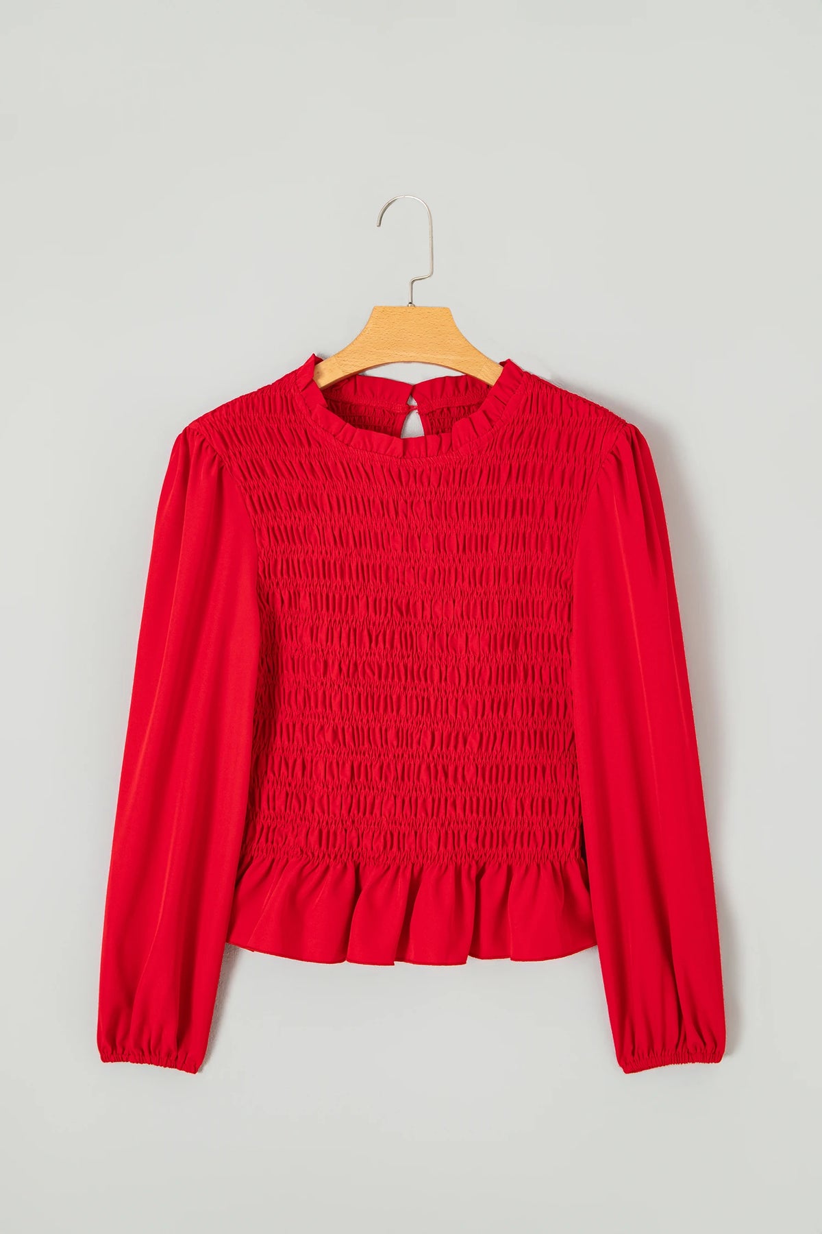 Solid Smocked Ruffle Hem Long Sleeve Blouse