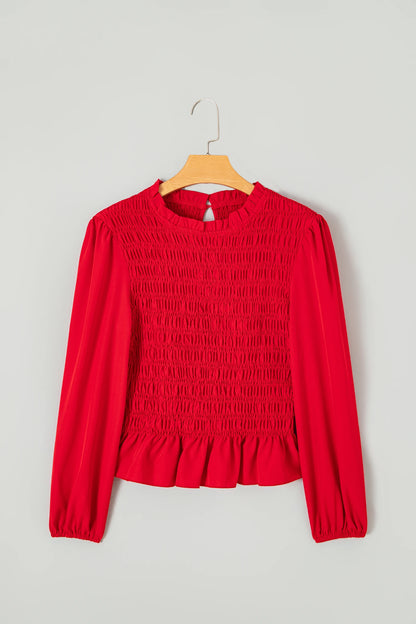 Solid Smocked Ruffle Hem Long Sleeve Blouse