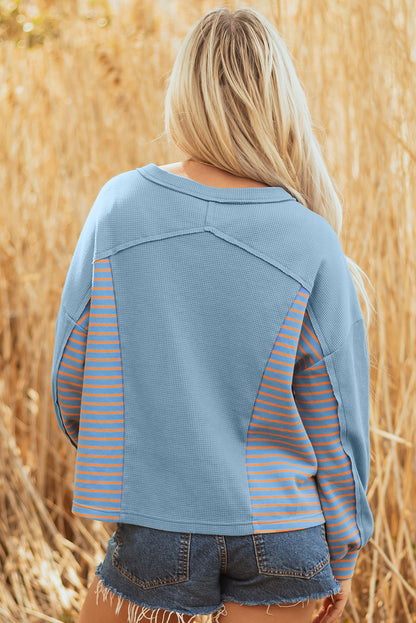 Stripe Patchwork Waffle Knit V-Neck Pullover