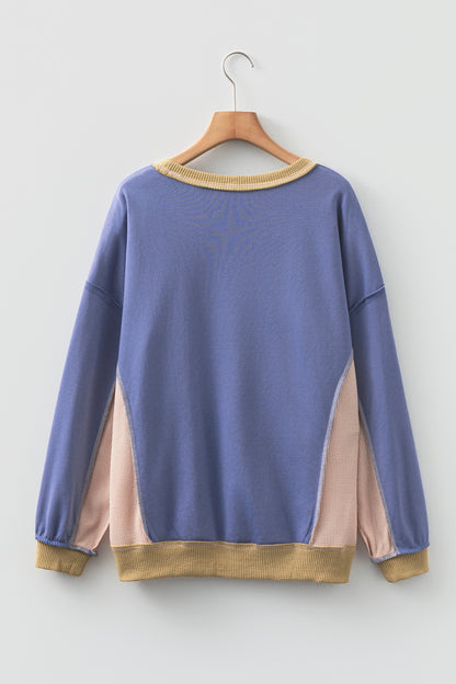 Colorblock Waffle Knit Patchwork Reverse Seam Oversize Sweatshirt