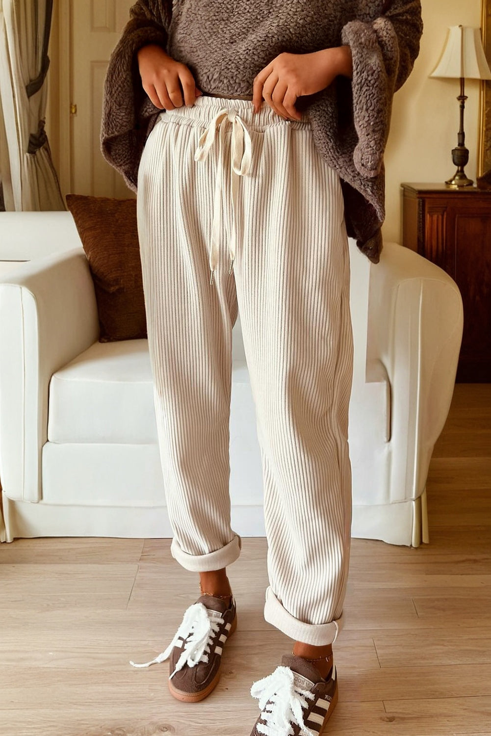 Solid Corduroy Drawstring Elastic Waist Pants