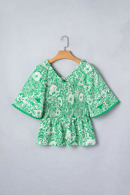 Floral Flirty Smocked V-Neck Blouse