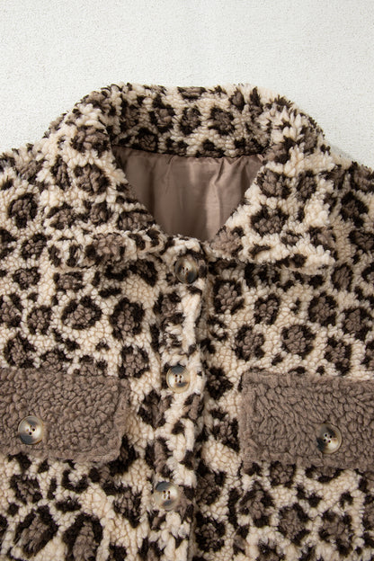 Leopard Sherpa Patchwork Flap Pocket Buttoned Jacket