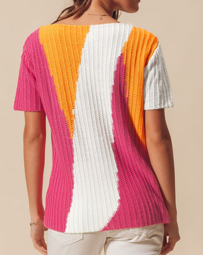 Colorblock Short Sleeve Knit Sweater